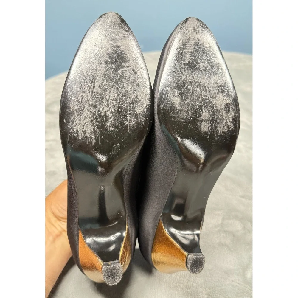 Fiammante Womens 8 Black Satin Pumps Kitten Heel Evening Formal